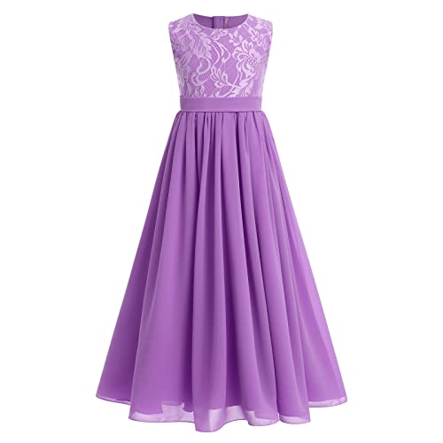 Junior Bridesmaid Dresses, Western Dress for Girls, Girls Boho Dress, Flower Girl Dress Elegant Vintage Lace Summer A-Line Pleated Formal Wedding Party Dress Purple 9-10 Years