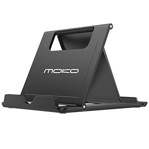 MoKo Phone/Tablet Stand, Foldable Desktop Holder Fit with iPhone 15/Plus/Pro/Pro Max, iPhone 14/Pro/Max, iPad 9/ iPad Mini 6, iPad Pro 11, 10.2, 12.9, Air 5/4/3, Mini 5, Steam Deck, Black (Large)