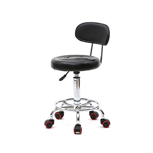 Rolling Drafting Chair with Back Swivel Round Salon Stool with Wheels Height Adjustable PU Leather Pub Chair Stool with Foot Rest for Office Spa Dental Kitchen Bar (Black with Back)