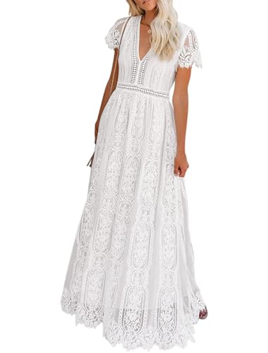MEROKEETY Women's V Neck Short Sleeve Floral Lace Wedding Dress Bridesmaid Cocktail Party Maxi Dress White