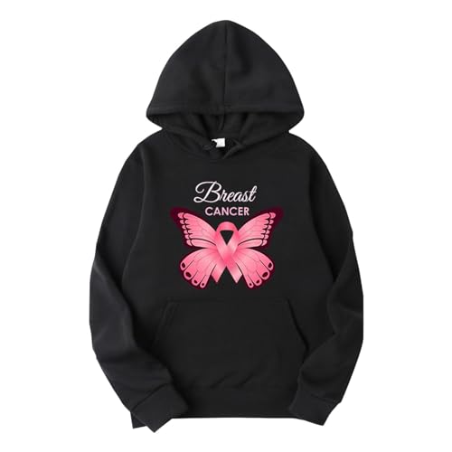 BLUBUKLKUN 2023 Breast Cancer Awareness Sweatshirt Long Sleeve Loose Solid Color Breast Cancer Prevention Printing Hoodie (E-Black, XL)