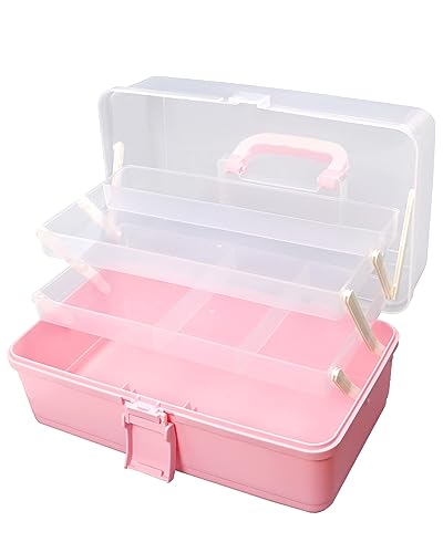 Facikono Tackle Box Organizers Pink Tackle Boxes for Kids Small Craft Storage Box Art Supply Storage Organizer Plastic Tool Box with Handle Sewing Box Container 3-layer Art Bin