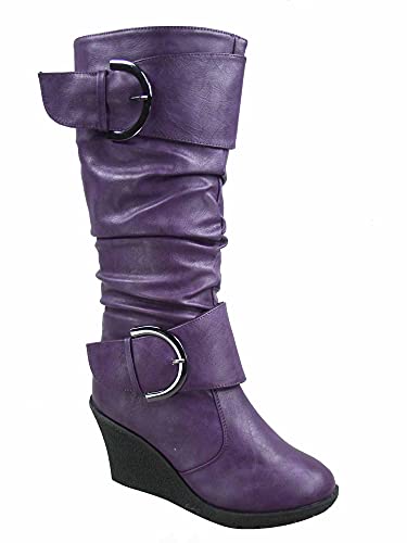TOP Moda Pure-65 Women's Fashion Round Toe Slouch Buckle Wedge Mid Calf Boot Shoes (Purple, 9)