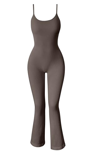 OQQ Women Yoga Jumpsuits Ribbed Exercise Adjustable Spaghetti Strips Tops Bell Bottoms Flare Jumpsuits Tea leaf