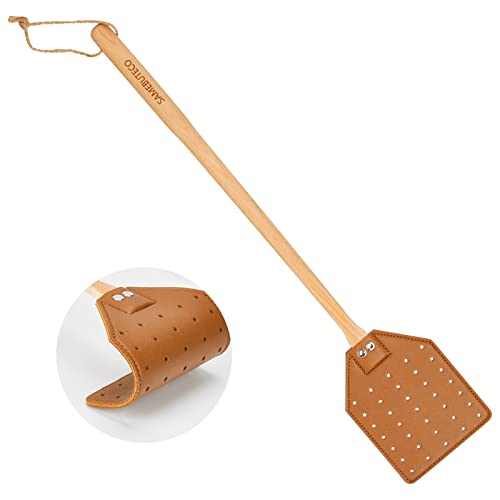 SAMEBUTECO Heavy Duty Leather Fly Swatter Brown Leather with Beech Wood Long Handle for Indoor and Outdoor 19.7’’