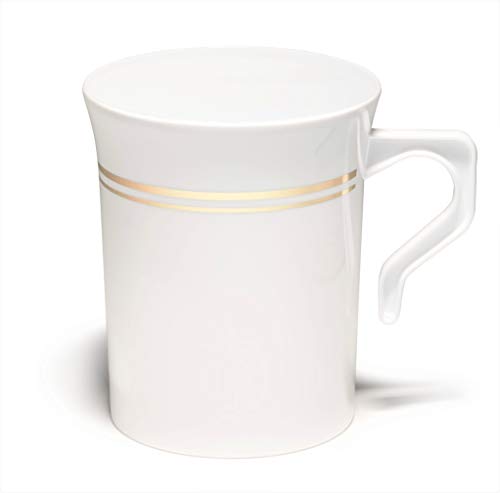 ' OCCASIONS ' 40 Mugs Pack, Heavyweight Disposable Wedding Party Plastic 8 oz Coffee Mugs/Tea Cups/Cappuccino Cups/Espresso Cup with Handles (8 oz Coffee, White & Gold Rim)