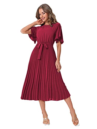 Milumia Women's Elegant Belted Pleated Flounce Sleeve Long Dress Burgundy Large