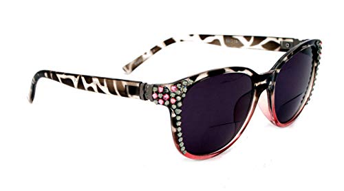 Sunset Blvd, Bifocal Sunglasses, Sun Readers Women Bling with Hematite and Rose Genuine European Crystals,Black and Pink Leopard. NY Fifth Avenue.