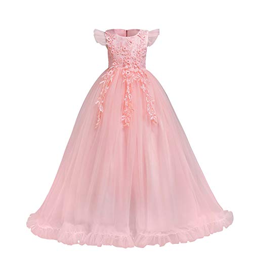 Flower Girls Dress Bridesmaid Wedding Pageant Party Princess Communion Floral Boho Vintage Lace Dance Maxi Gown for Kids Blush Pink 9-10 Years