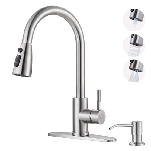 WOWOW Kitchen Sink Faucet with Soap Dispenser, Stainless Steel Pull Down Kitchen Faucet Brushed Nickel Utility Sink Faucet Single Handle High Arc Kitchen Tap for Sink, RV, Laundry, Bar