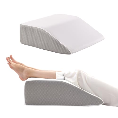 Bedluxe Leg Elevation Pillows, Leg Pillows for Sleeping, Cooling Gel Memory Foam Top, Wedge Pillow for Legs, Leg Wedges for Circulation, Swelling, After Surgery - Removable Cover (8 Inch, White/Grey)