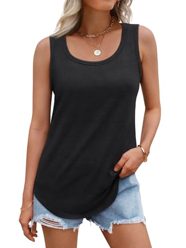 AUTOMET Womens Tank Tops Yoga Loose Fit Flowy Womens Top Dressy Casual Blouse Shirts Round Neck Tunic Trndy Sleeveless Tops Basic Summer Beach Clothes Outfits 2024 Fashion Black