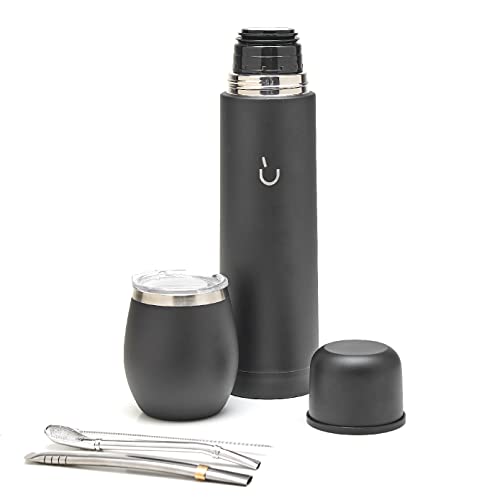 BALIBETOV Complete Yerba Mate Set - Modern Mate Gourd, Thermos, Bombilla and Cleaning Brush Included - All Premium Quality 304 18/8 Stainless Steel (Full Black)
