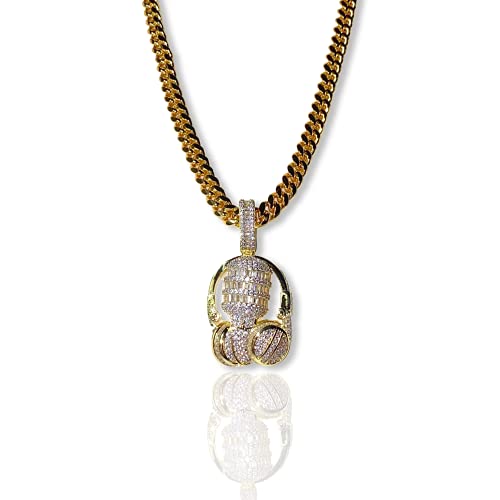 Music Headset DJ Headphones Microphone Baguette Custom Pendant Iced Diamond cz Necklace Men Women 925 Italy Men's Choker Chain, 14k Gold Miami Cuban 6mm Chain Necklace Choker, Diamond Pendant (20)