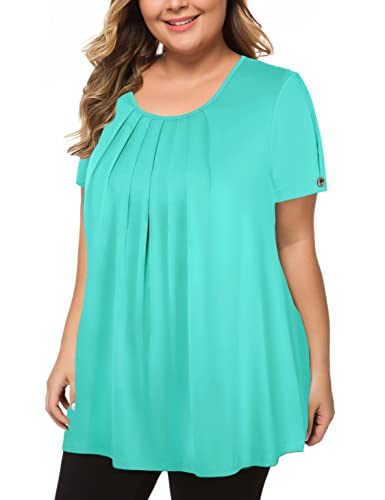 MANER Women's Plus Size Tops Short Sleeve Flowy Shirts Casual Blouses Tunic Tops L-4XL (Aqua Green, XXXX-Large)