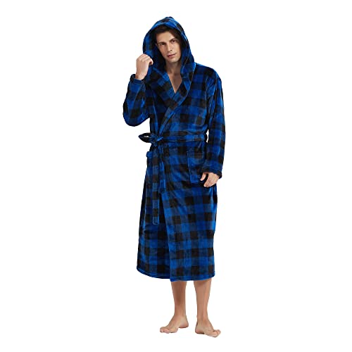 Vulcanodon Mens Robe with Hood, Fleece Bathrobe Plush Robes for Men(Buffalo Plaid-Royal Blue, L/XL)