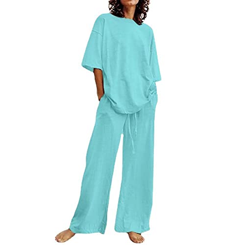 Jacket Set Summer Casual Belt Pocket Set Half Sleeve O Neck Top and Wide Leg Trouser Women Jumpsuits and Rompers Dressy Sky Blue