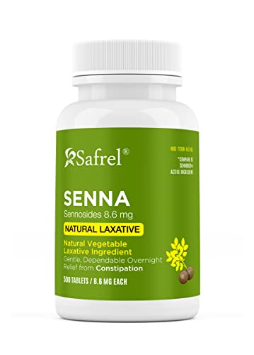 Safrel Senna 8.6 mg Tablets (500 Count) –Natural Sennosides Vegetable Laxative for Constipation, Bloating, Gas, Irregularity Relief. Safe Overnight Relief | Generic Senokot, Original Value Pack