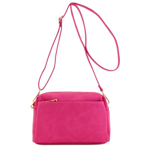 Triple Zip Small Crossbody Bag (Fuchsia)