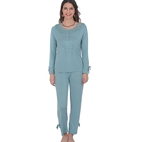 Sleepy Time Women's Bamboo Pajamas, Hot Flash Menopause Relief PJS, Round Neck - Night Sweat Moisture Wicking Sleepwear - (Teal, Large)