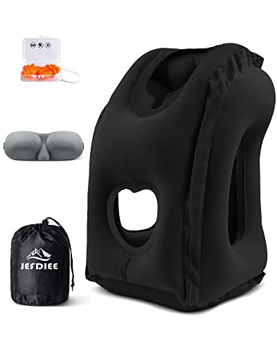 JefDiee Inflatable Travel Pillow, Airplane Neck Pillow Comfortably Supports Head and Chin for Airplanes, Trains, Cars and Office Napping with 3D Eye Mask, Earplugs and Portable Drawstring Bag (Black)