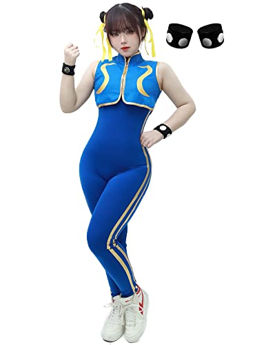 DAZCOS Women's US Size Blue Cheongsam Game Cosplay Costume Fighter Bodysuit with Bracelet and Hair Ties (Large, Blue)