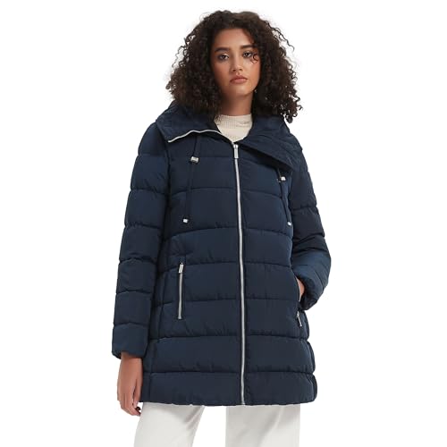 IKAZZ Women's Mid Length Plus Down Parkass, Hooded Stand Collar Lightweight Watertight Lined Parkas Puffer Coat Flurry Run Vegan Down Long Omni Heat Mountain Windbreaker Hooded Jacket Raincoat, Navy M