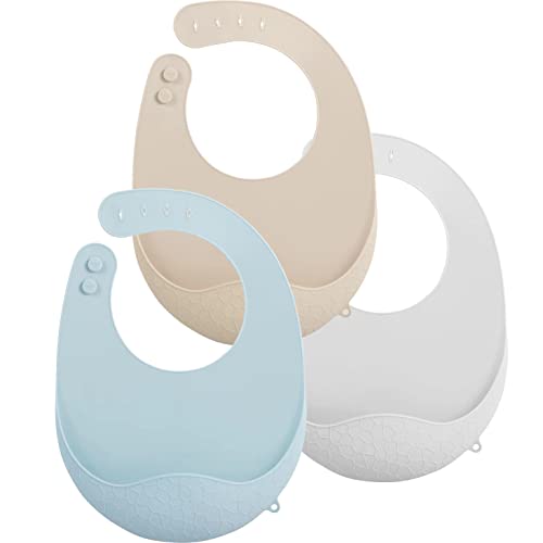 PandaEar 3 Pack Super Light Silicone Baby Bibs for Boys Girls| Waterproof Baby Bibs with Pocket Food Catcher, Soft Adjustable Silicone Feeding Bibs