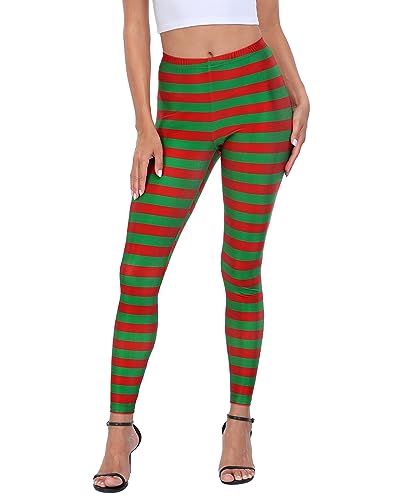 HDE Trendy Design Workout Leggings - Fun Fashion Graphic Printed Cute Patterns Red & Green Holiday Stripes - XL
