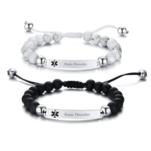 2 Pcs Panic Disorder Medical Alert Bracelets for Men & Women Teens Adjustable Stainless Steel Black White Beaded Onyx Emergency Medical ID Bracelets with Medic Wallet Insert Card