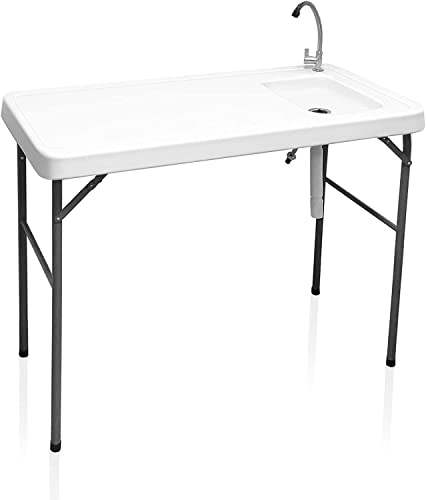 CAMP SOLUTIONS Portable Folding Camping Sink Table with Faucet and Fish Cleaning Table with Sink and Faucet, Heavy Duty Fillet Table with Hose Hook Up, for Dock Beach Patio Picnic