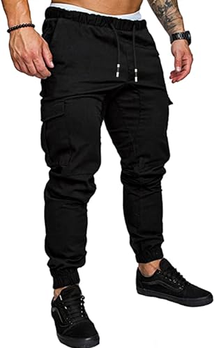 GM MGBOYGYM Mens Fashion Joggers Sports Pants - Cotton Cargo Pants Sweatpants Trousers Mens Long Pants Black-M