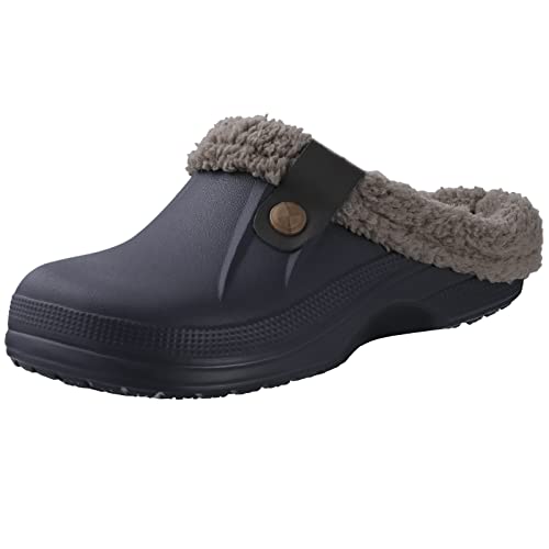 shevalues Fur Lined Clogs for Women Men Winter Waterproof Outdoor Slippers Garden Shoes, Grey Women Size 11-11.5