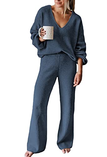 Viottiset Women's 2 Piece Outfits Casual V Neck Knit Wide Leg Sweater Lounge Set Sweatsuit Light Blue Medium