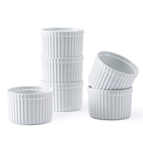 Amrules Ramekins 8 oz, Ramekin Set of 6 for Creme Brulee, White Ceramic Ramekins Bowls with Embossed Strips, Fluted Small bowl Cups Oven Safe for Baking Custard, Pudding, Muffins Cake