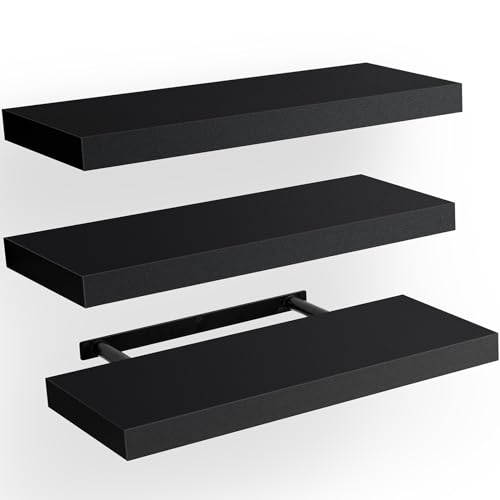 AMADA HOMEFURNISHING Floating Shelves Black, Wall Shelves with Invisible Brackets for Bedroom, Bathroom, Living Room, Kitchen, Set of 3 - AMFS07