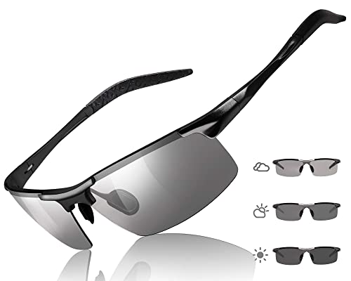 TJUTR Mens Polarized Photochromic Sunglasses Day & Night Driving Glasses Anti Glare | Ideal for Low to Medium Light Condition (Metal Black/Grey Photochromic Polarized Lens)