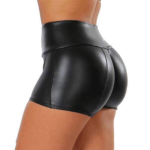 Tulucky Women's Flexible Club Faux Leather Shorts High Waisted Sexy Disco Short Hot Pants(Black,L)