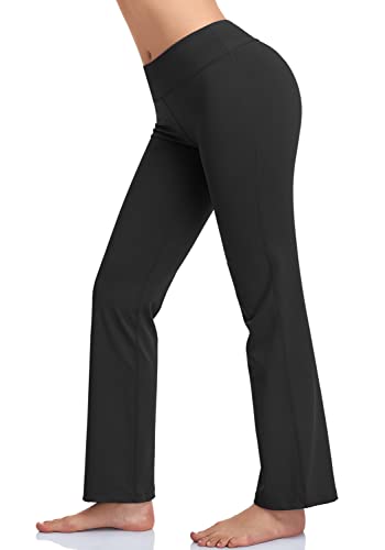 HISKYWIN Inner Pocket Yoga Pants 4 Way Stretch Tummy Control Workout Running Pants, Long Bootleg Flare Pants HF2-Black-XXL