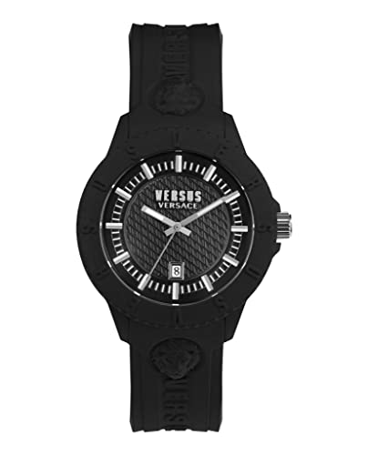 Versus Versace Mens Tokyo Black/Stainless Fashion Watch with Date Function. Adjustable Silicone Strap. Includes Travel Gift Pouch.