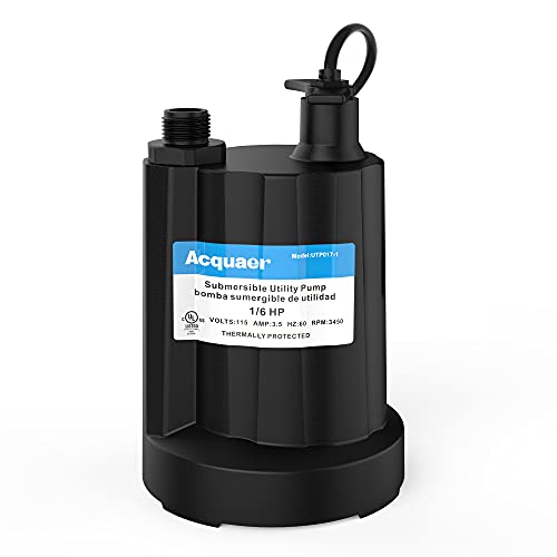 Acquaer Submersible Water Pump 1/6 HP Sump Pump Thermoplastic Utility Pump Small Electric Water Pump 1750GPH Water Remove for Basement Hot Tubs Garden Pool Cover Draining with 10 ft Cord