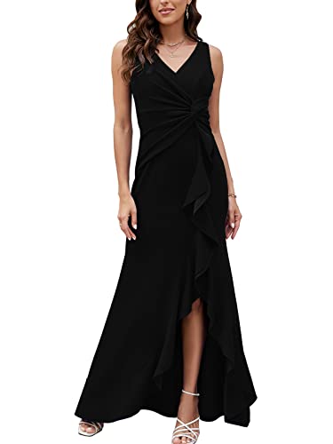 FQA Long Black Evening Gowns for Women Formal Dresses for Women Evening Party Elegant V Neck Sleeveless Split Wrap