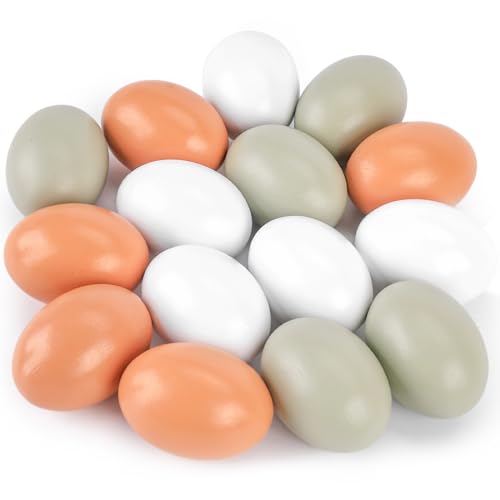 POPLAY 15PCS Wooden Fake Eggs, 3 Colors Wooden Chicken Eggs Faux Eggs for DIY Crafts Easter Egg Painting Chicken Coop