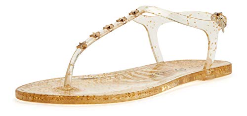 Katy Perry Women's The Geli-T Strap Flat Sandal, Star/Clear Glitter Gold, 8