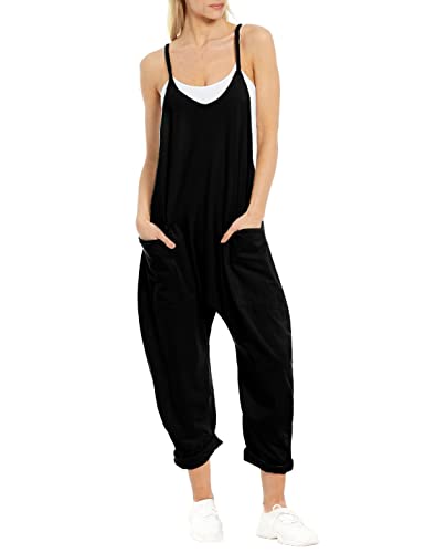 EsheSy Women's Loose V Neck Sleeveless Jumpsuits Spaghetti Straps Harem Long Pants Overalls with Pockets(Black-L)