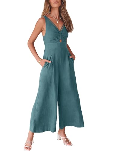 ANRABESS Women's Summer Wide Leg Linen Jumpsuits Dressy V Neck Sleeveless Casual Pants Rompers 2024 Vacation Beach Outfits Lake Blue Small