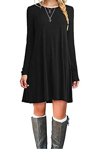 MOLERANI Women's Casual Plain Long Sleeve Sleeve Simple T-Shirt Loose Dress (L, Black)