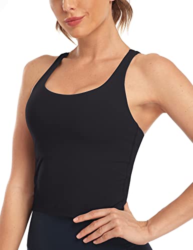 HeyNuts Longline Zeal Sports Bras for Women, Medium Impact Wirefree Yoga Bras Padded Workout Tank Tops Crisscross Back Crop Topss Black M