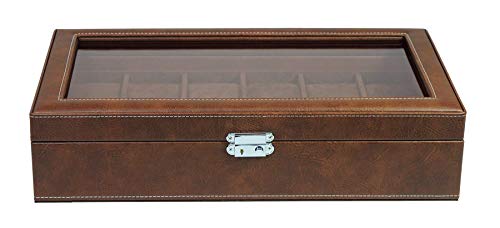 TIMELYBUYS 12 Piece XL Oversize Distressed Brown Leatherette Men’s Watch Box Display Case and Storage Organizer Box with Wide Watch Slots up to 65MM for Big Face Watches with Glass Top