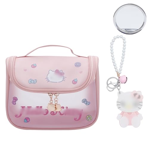 G-Ahora Kitty Makeup Bag with Kitty Cat Compact Mirror, Kitty Cat Cosmetic Bag Portable Travel Cosmetics Storage Case Gift for Girls Women (MUB kitty- pink)